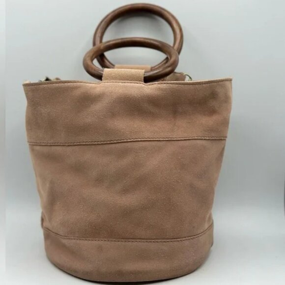 Lucky Brand Rose Colored Suede Leather Crossbody Bucket Bag with Wooden Handles - Picture 5 of 11